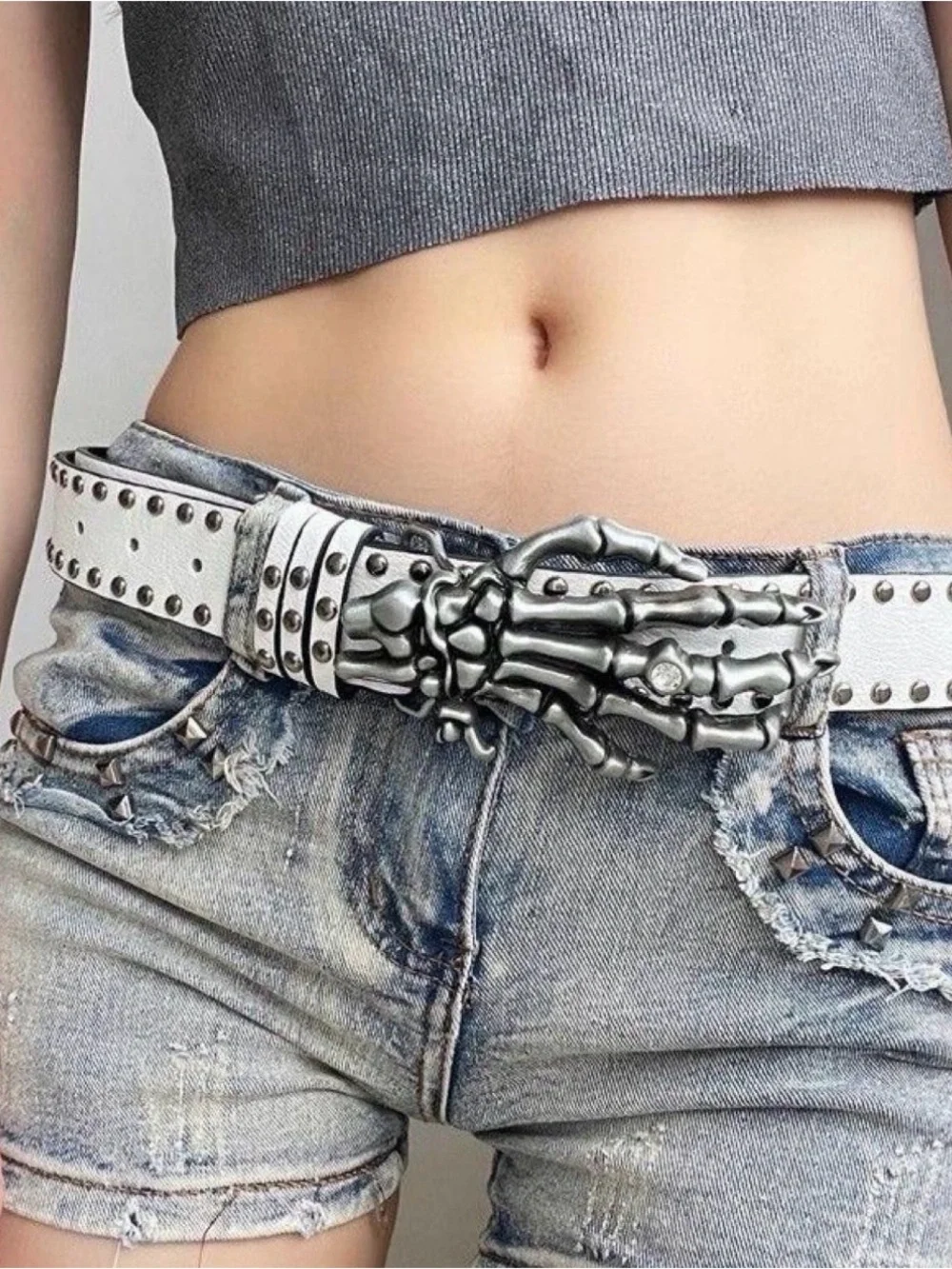 White Studded Men’s Belt with Black Skeleton Hand Buckle